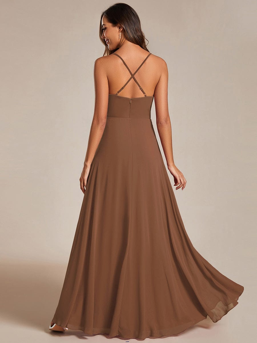 Custom Size Adjustable Spaghetti Strap Chiffon A-Line Bridesmaid Dresses #color_Brown