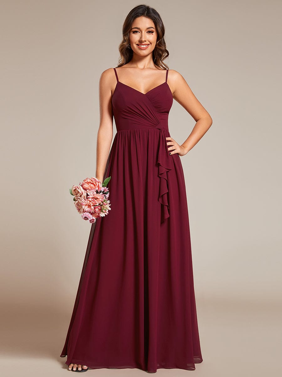 Maxi Sleeveless Pleated Chiffon Bridesmaid Dress with Lotus Leaf #color_Burgundy