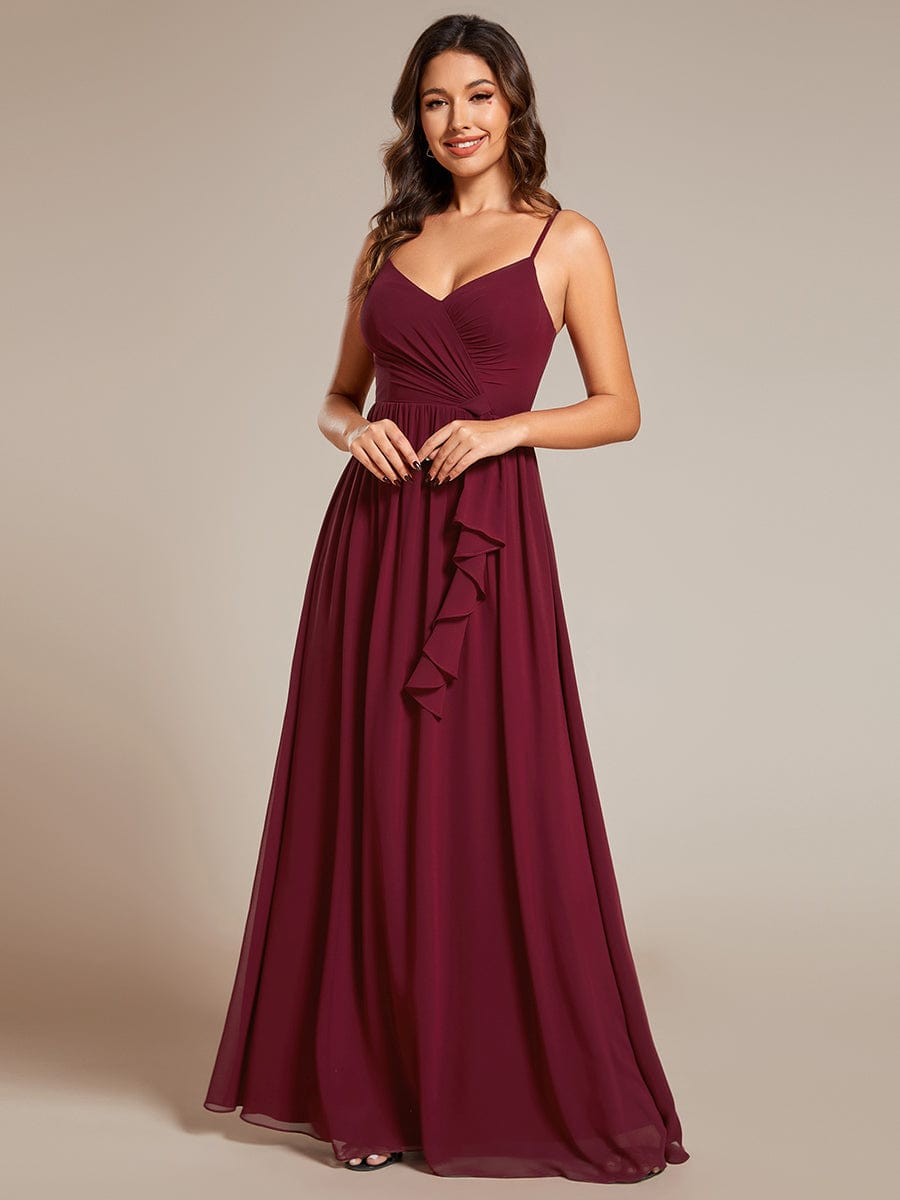 Maxi Sleeveless Pleated Chiffon Bridesmaid Dress with Lotus Leaf #color_Burgundy