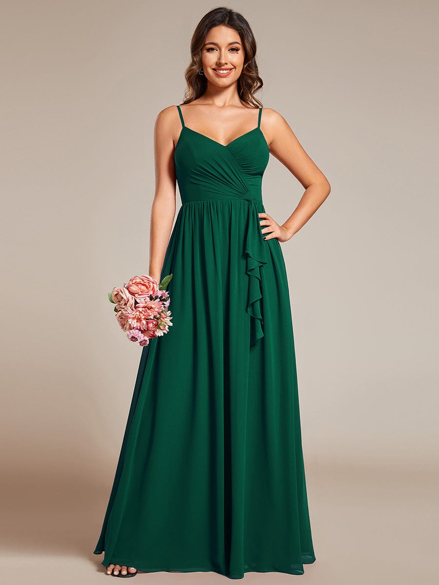 Maxi Sleeveless Pleated Chiffon Bridesmaid Dress with Lotus Leaf #color_Dark Green