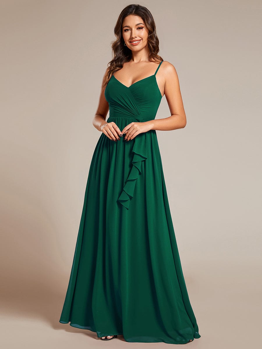 Maxi Sleeveless Pleated Chiffon Bridesmaid Dress with Lotus Leaf #color_Dark Green