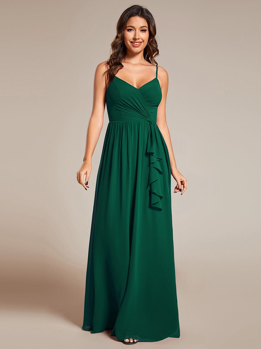 Maxi Sleeveless Pleated Chiffon Bridesmaid Dress with Lotus Leaf #color_Dark Green