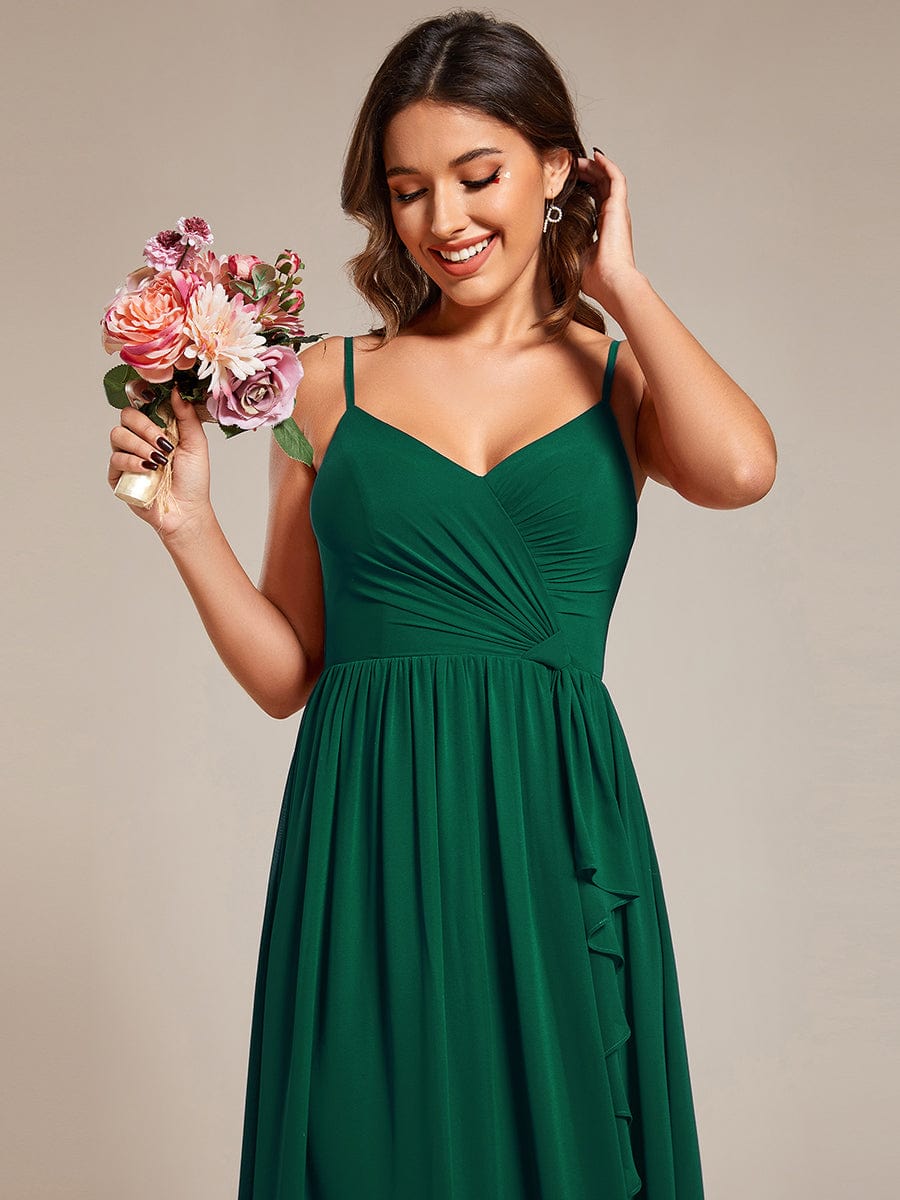 Maxi Sleeveless Pleated Chiffon Bridesmaid Dress with Lotus Leaf #color_Dark Green