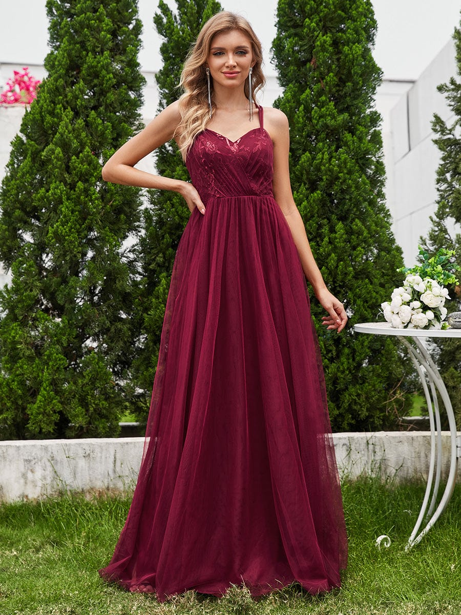 Paillette A-Line Tulle Bridesmaid Dress with Cross-Back Straps #color_Burgundy