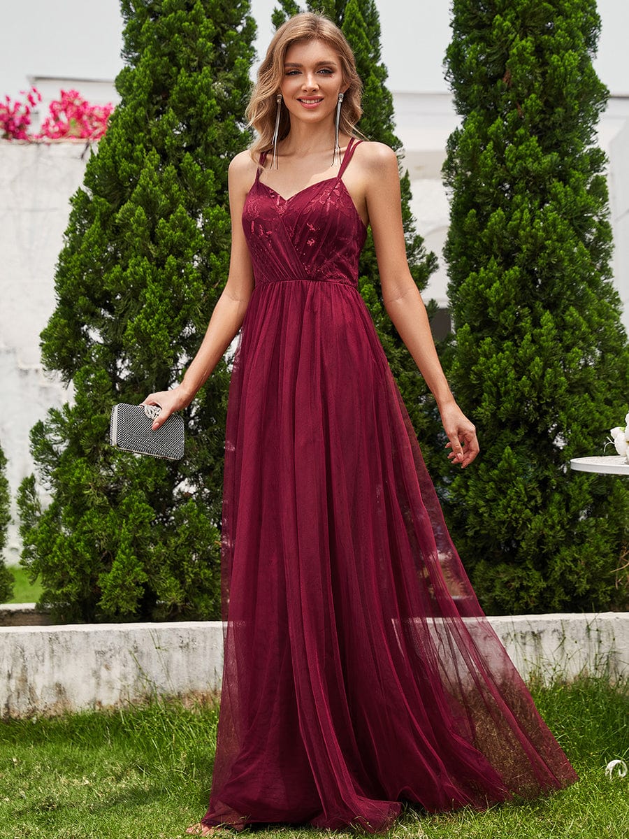 Paillette A-Line Tulle Bridesmaid Dress with Cross-Back Straps #color_Burgundy