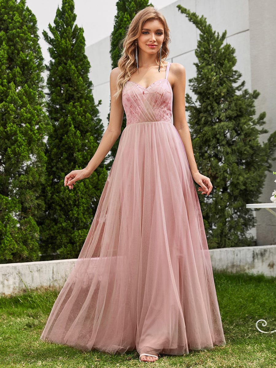 Paillette A-Line Tulle Bridesmaid Dress with Cross-Back Straps #color_Pink