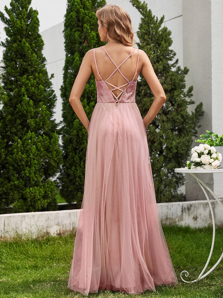 Paillette A-Line Tulle Bridesmaid Dress with Cross-Back Straps #color_Pink