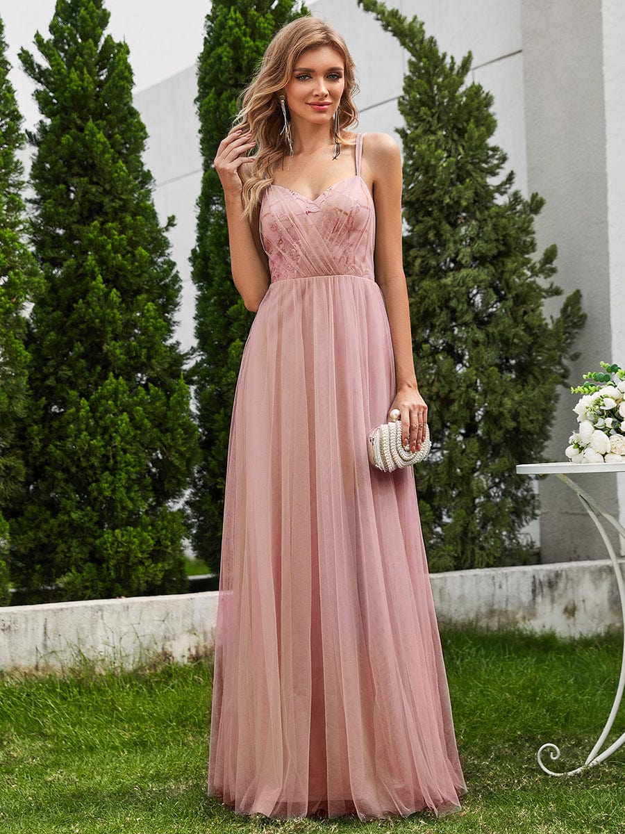 Paillette A-Line Tulle Bridesmaid Dress with Cross-Back Straps #color_Pink