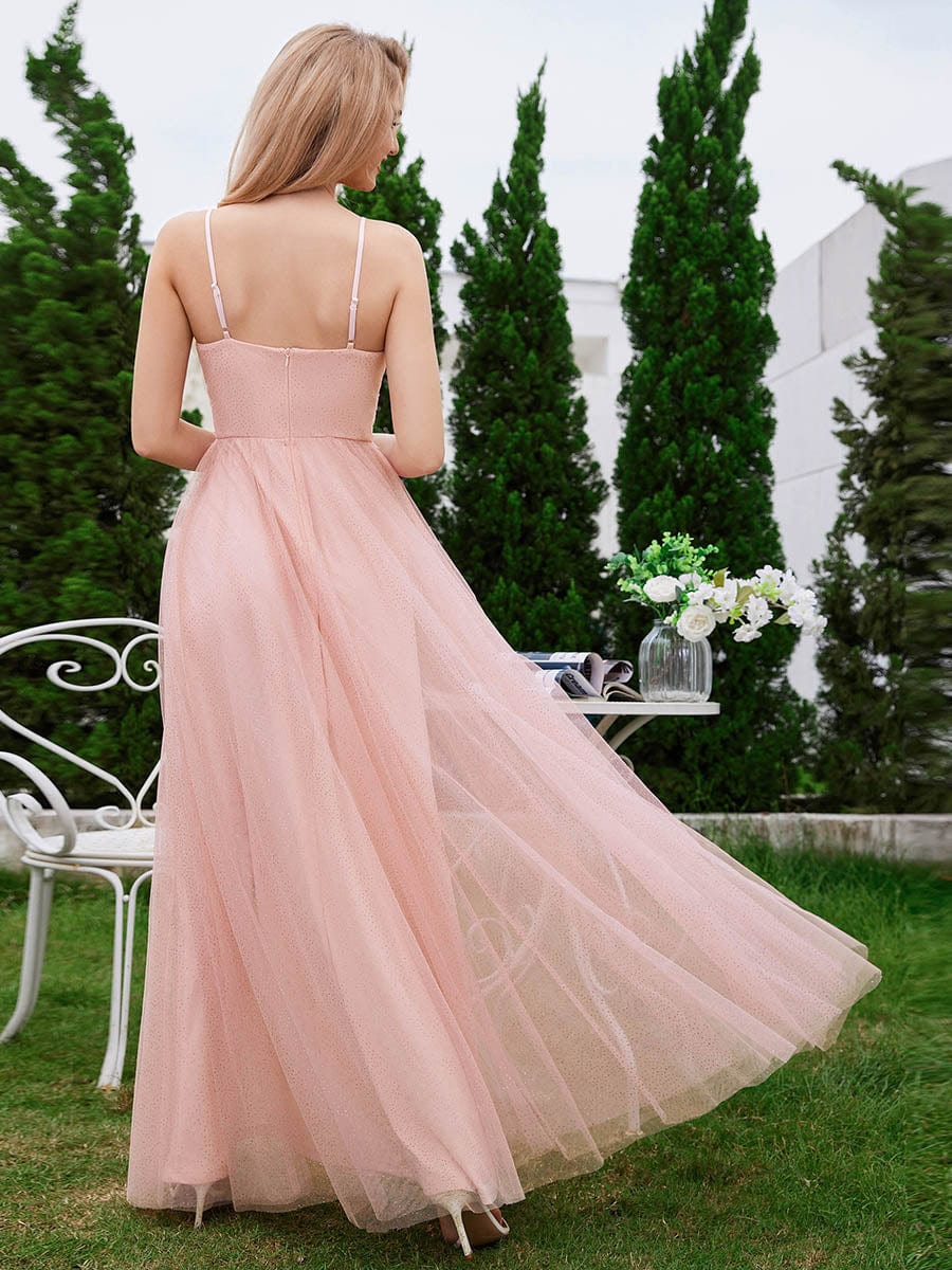 Pleated Lace Pearl Waist High Slit Bridesmaid Dress with V-Neck #color_Pink