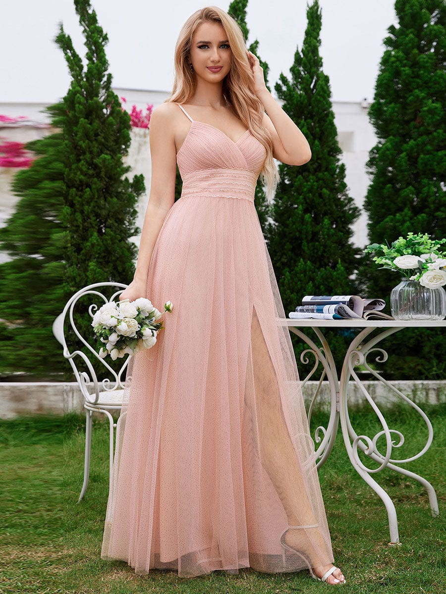 Pleated Lace Pearl Waist High Slit Bridesmaid Dress with V-Neck #color_Pink