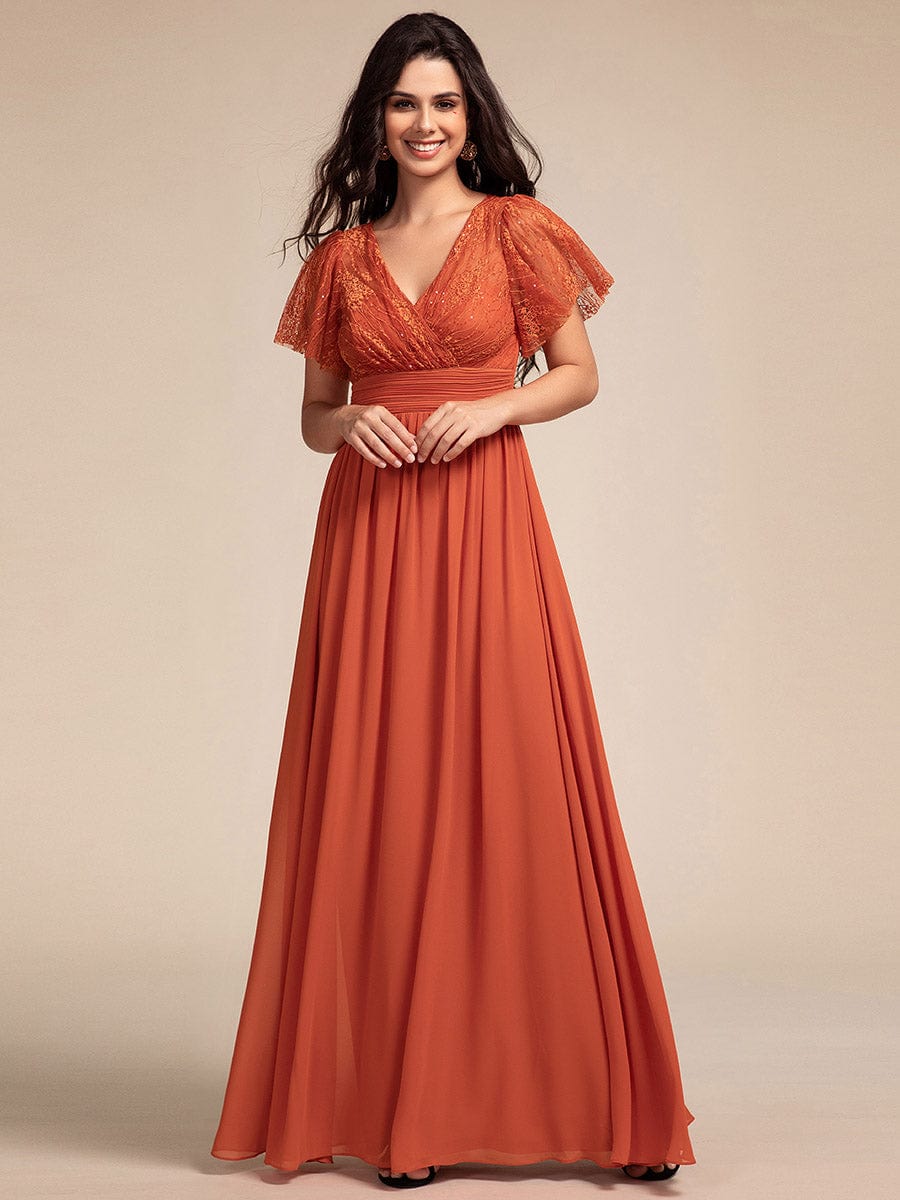 Flutter Sleeve Pleated Lace Bodice V-Neck Maxi Bridesmaid Dress #color_Burnt Orange