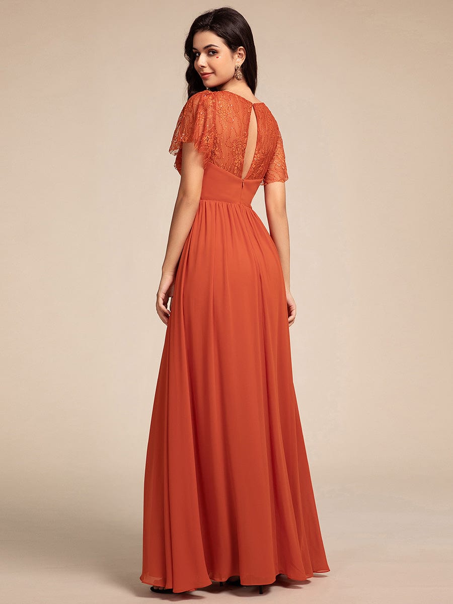 Flutter Sleeve Pleated Lace Bodice V-Neck Maxi Bridesmaid Dress #color_Burnt Orange