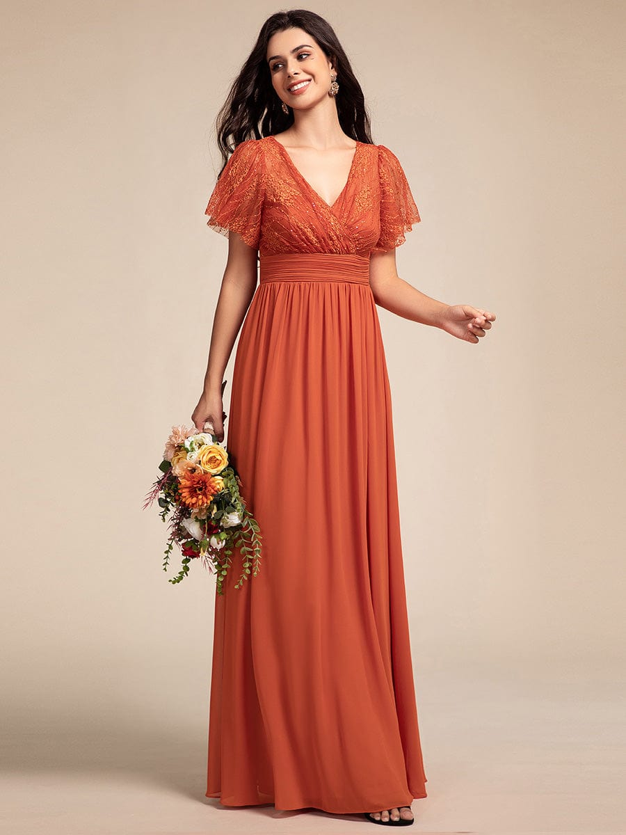 Flutter Sleeve Pleated Lace Bodice V-Neck Maxi Bridesmaid Dress #color_Burnt Orange