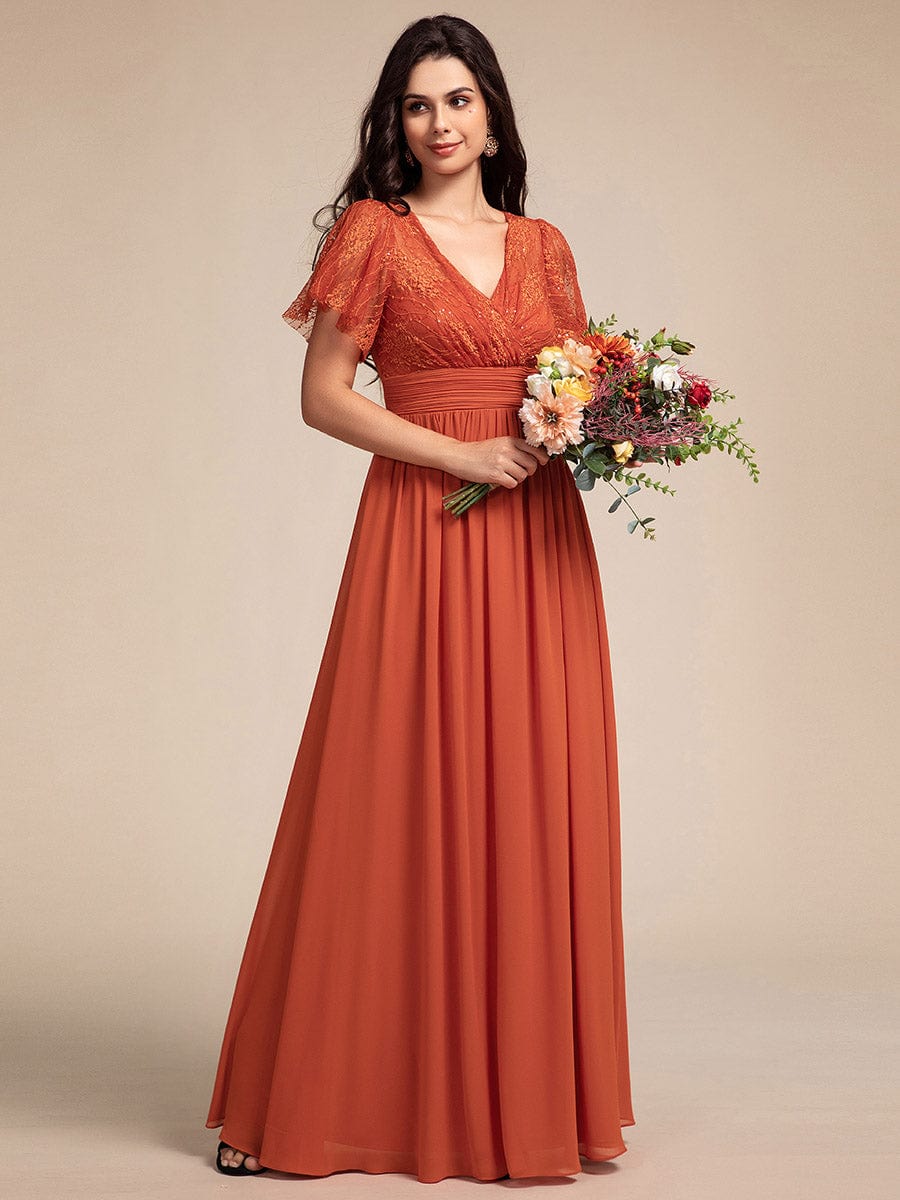 Flutter Sleeve Pleated Lace Bodice V-Neck Maxi Bridesmaid Dress #color_Burnt Orange