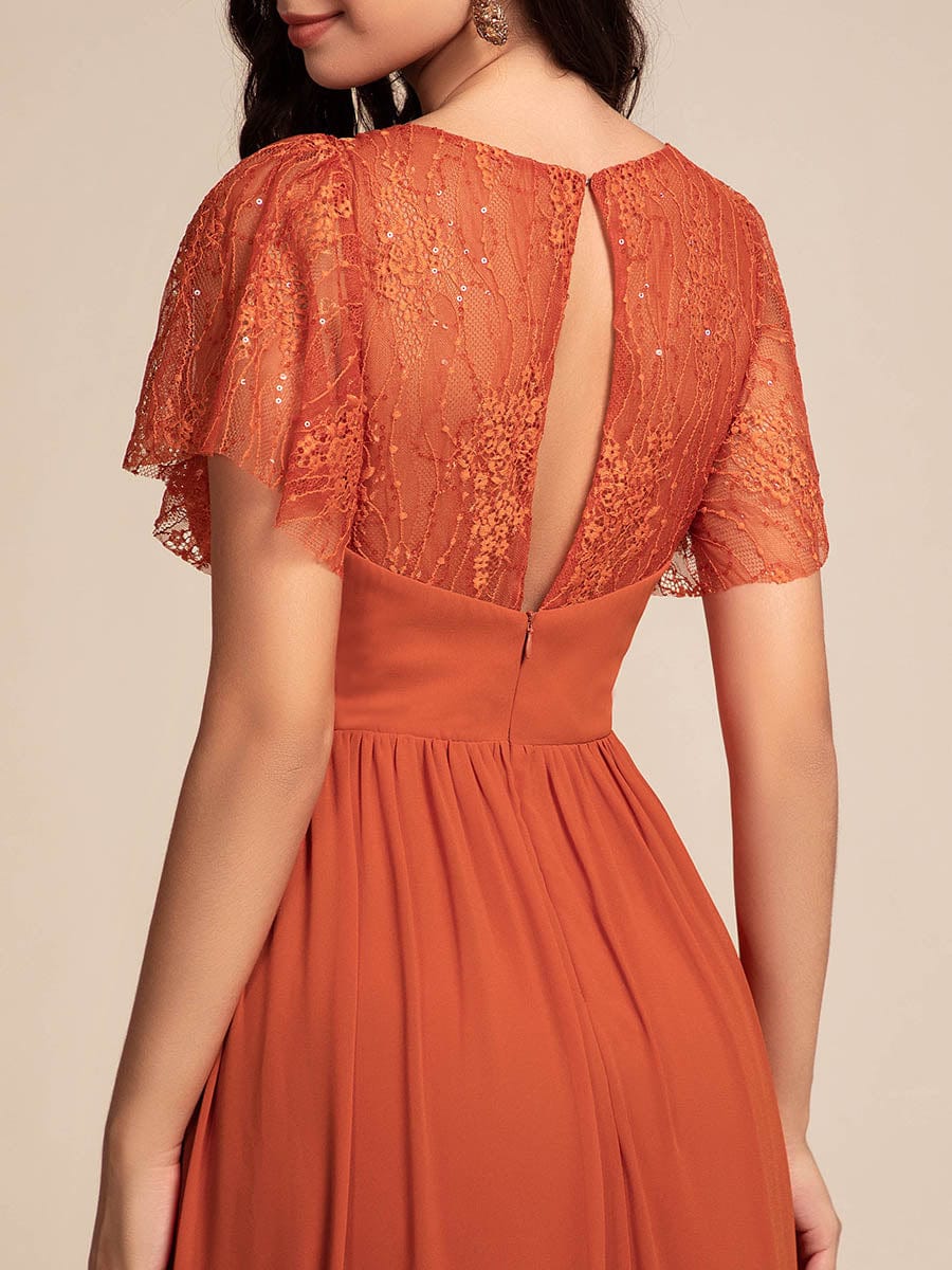 Flutter Sleeve Pleated Lace Bodice V-Neck Maxi Bridesmaid Dress #color_Burnt Orange