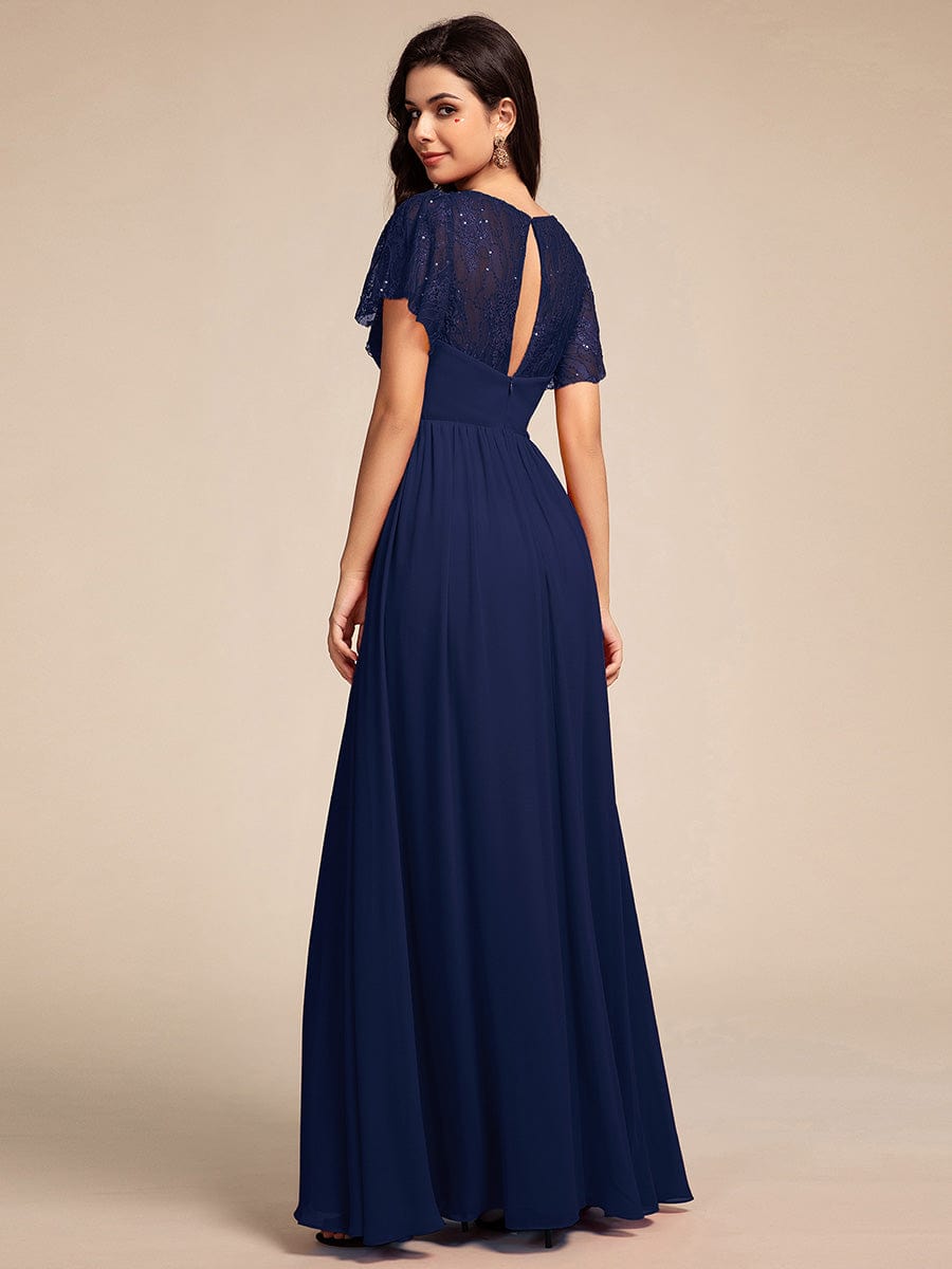 Flutter Sleeve Pleated Lace Bodice V-Neck Maxi Bridesmaid Dress #color_Navy Blue