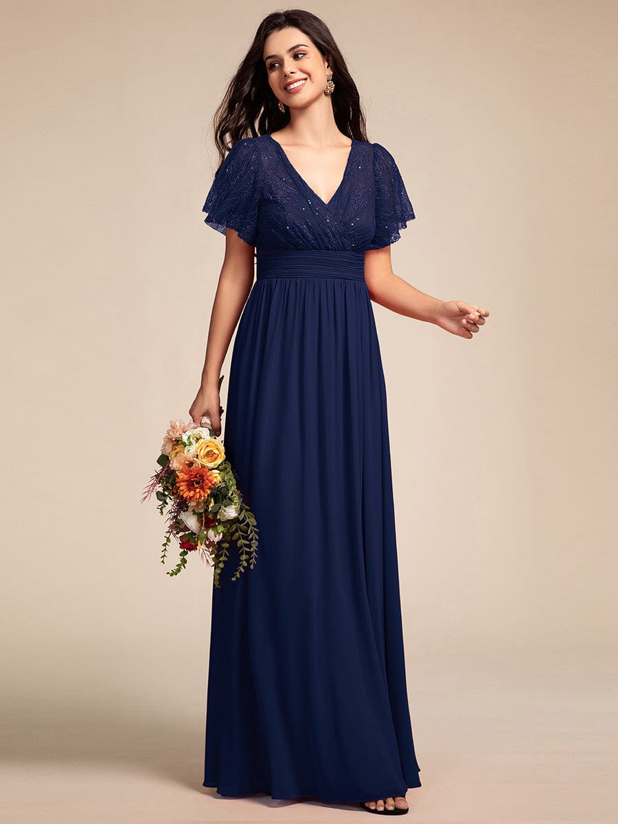 Flutter Sleeve Pleated Lace Bodice V-Neck Maxi Bridesmaid Dress #color_Navy Blue