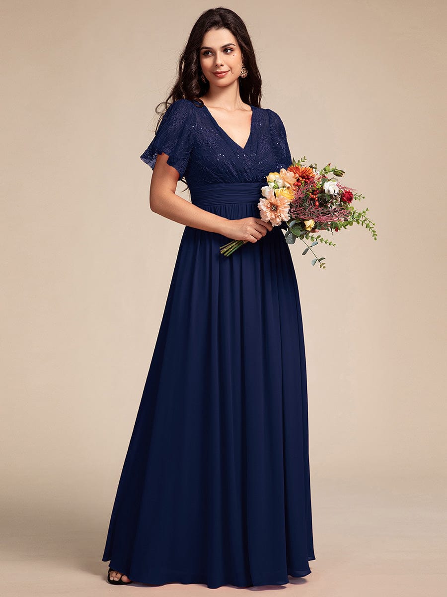 Flutter Sleeve Pleated Lace Bodice V-Neck Maxi Bridesmaid Dress #color_Navy Blue