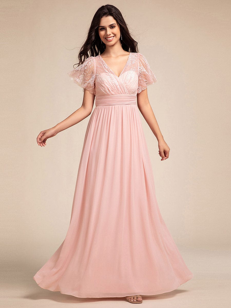 Flutter Sleeve Pleated Lace Bodice V-Neck Maxi Bridesmaid Dress #color_Pink