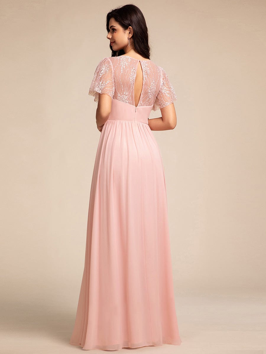 Flutter Sleeve Pleated Lace Bodice V-Neck Maxi Bridesmaid Dress #color_Pink