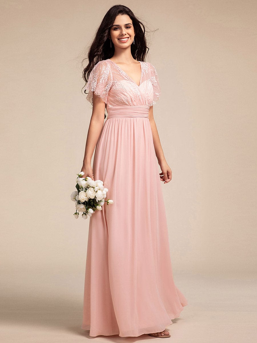 Flutter Sleeve Pleated Lace Bodice V-Neck Maxi Bridesmaid Dress #color_Pink