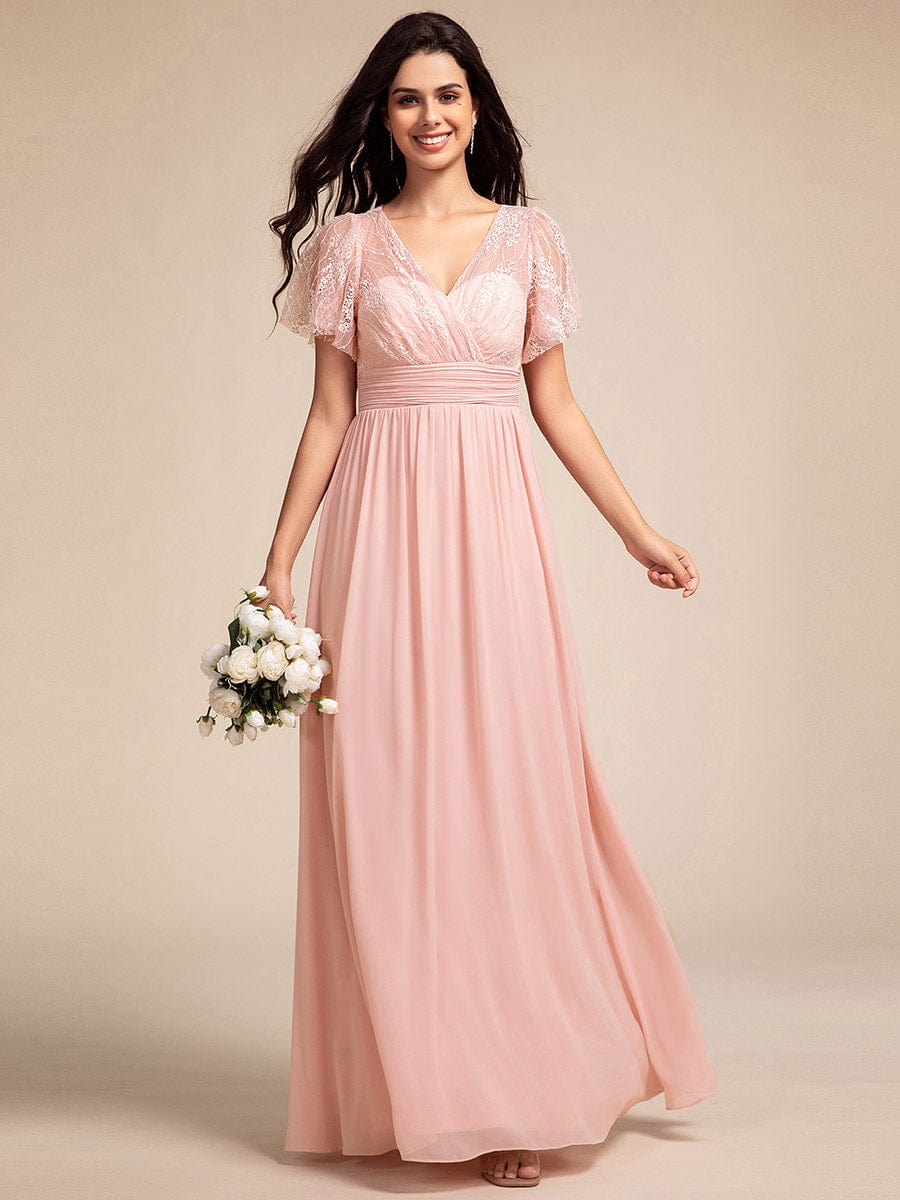 Flutter Sleeve Pleated Lace Bodice V-Neck Maxi Bridesmaid Dress #color_Pink