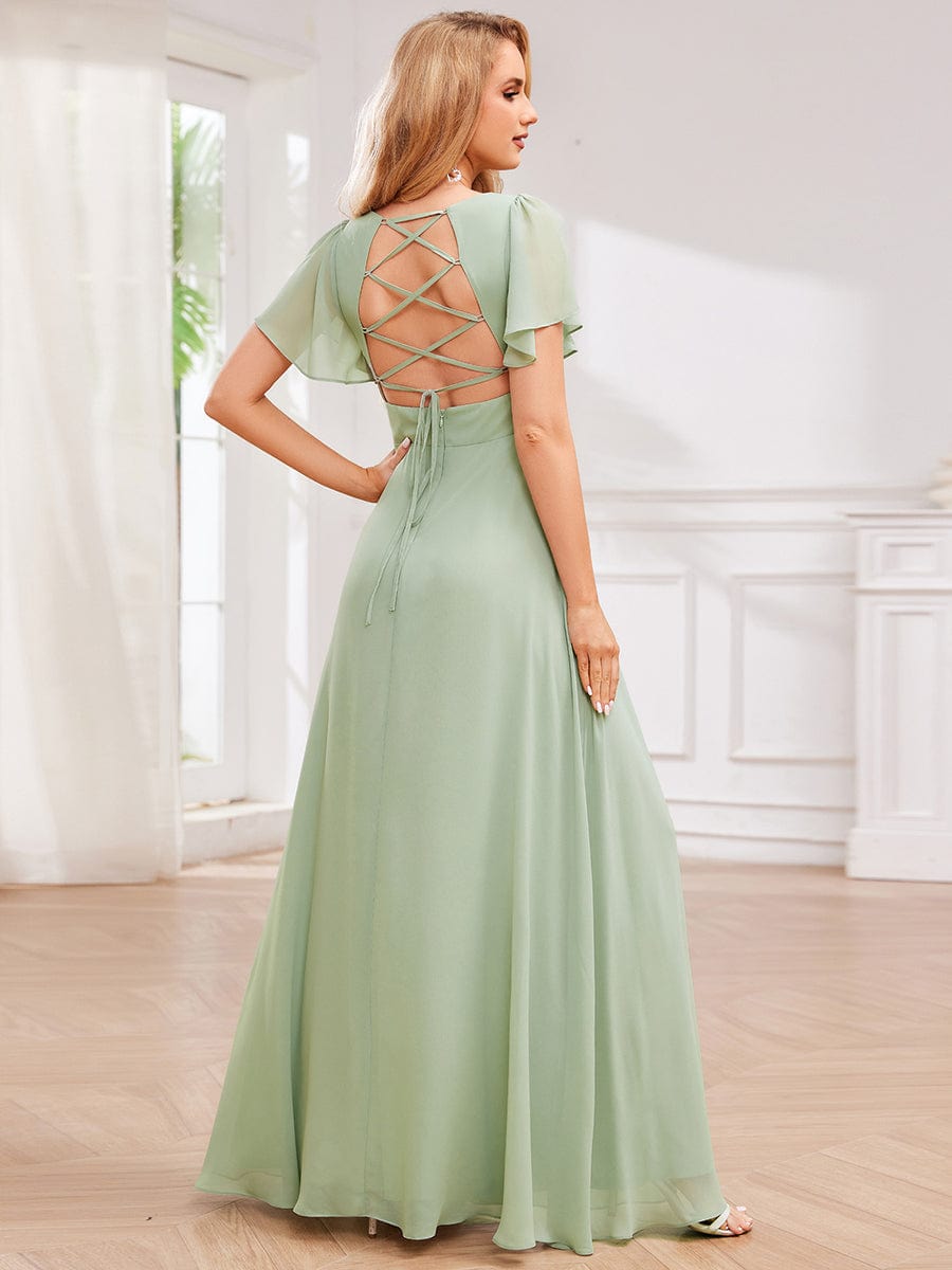High-Waist Pleated V-Neck Bridesmaid Dress with Cross-Tie Back #color_Mint Green