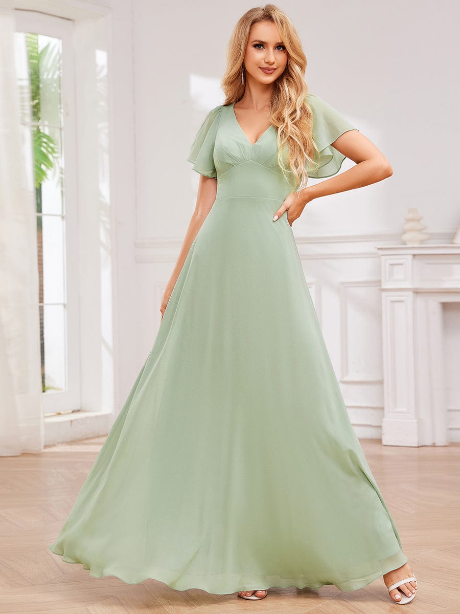 High-Waist Pleated V-Neck Bridesmaid Dress with Cross-Tie Back #color_Mint Green