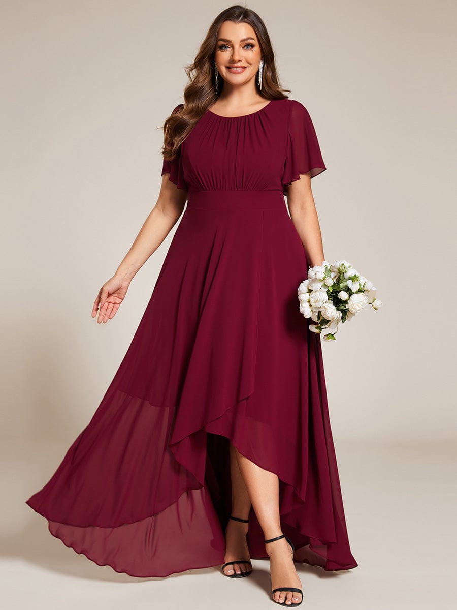 Elegant Round Neckline Short Sleeve A-Line Chiffon Bridesmaid Dress #color_Burgundy