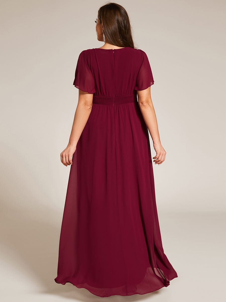 Elegant Round Neckline Short Sleeve A-Line Chiffon Bridesmaid Dress #color_Burgundy