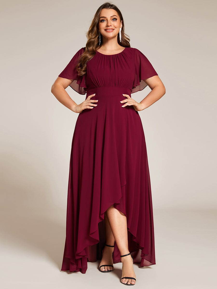 Plus Size Asymmetric Hem Short Sleeve Round Neckline Chiffon Bridesmaid Dress #color_Burgundy