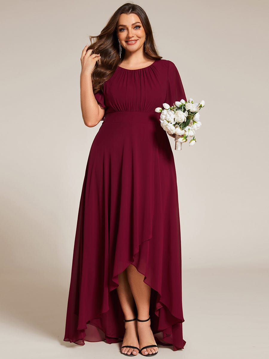 Plus Size Asymmetric Hem Short Sleeve Round Neckline Chiffon Bridesmaid Dress #color_Burgundy