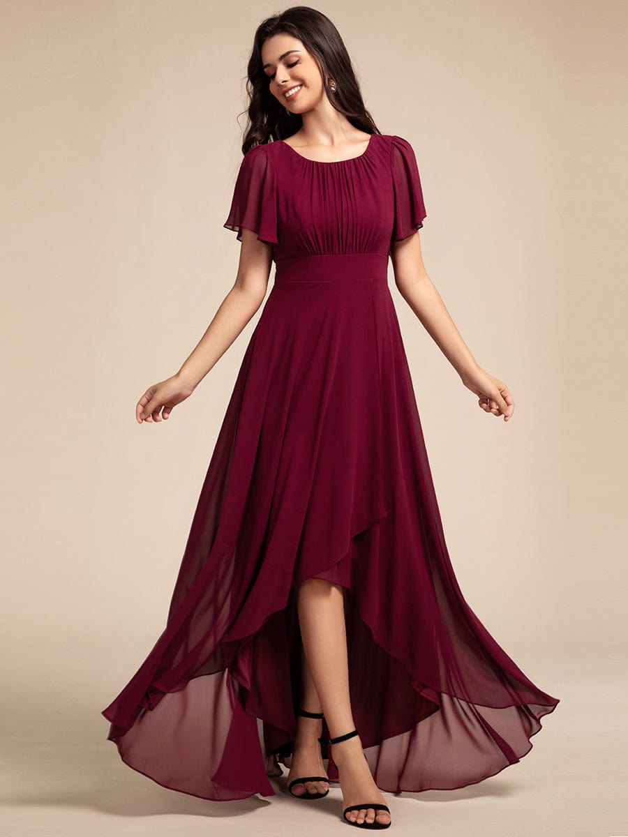 Elegant Round Neckline Short Sleeve A-Line Chiffon Bridesmaid Dress #color_Burgundy