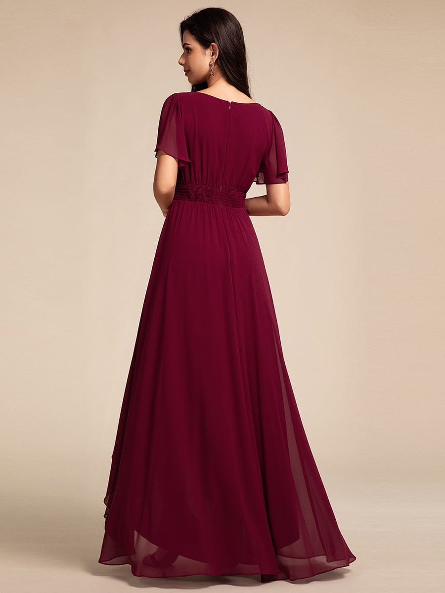 Elegant Round Neckline Short Sleeve A-Line Chiffon Bridesmaid Dress #color_Burgundy