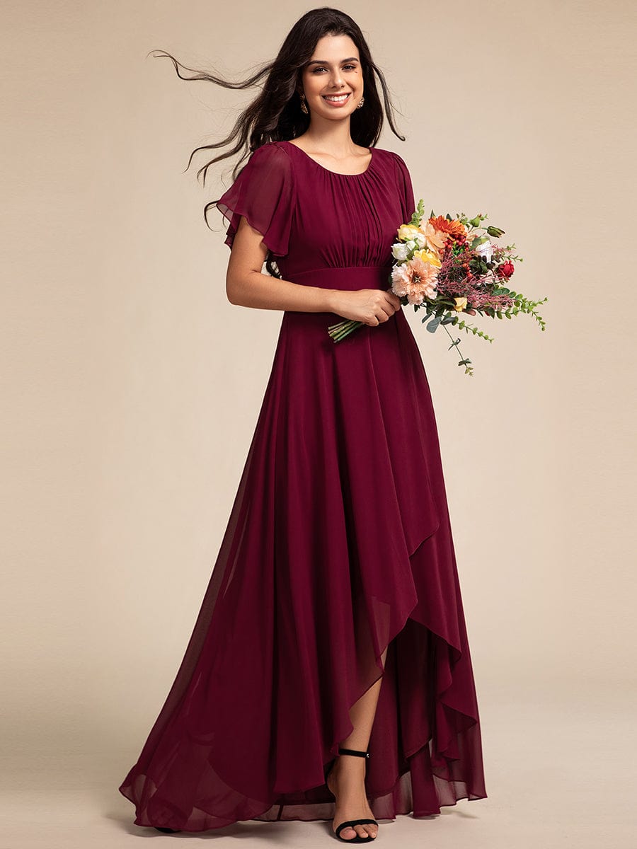 Elegant Round Neckline Short Sleeve A-Line Chiffon Bridesmaid Dress #color_Burgundy