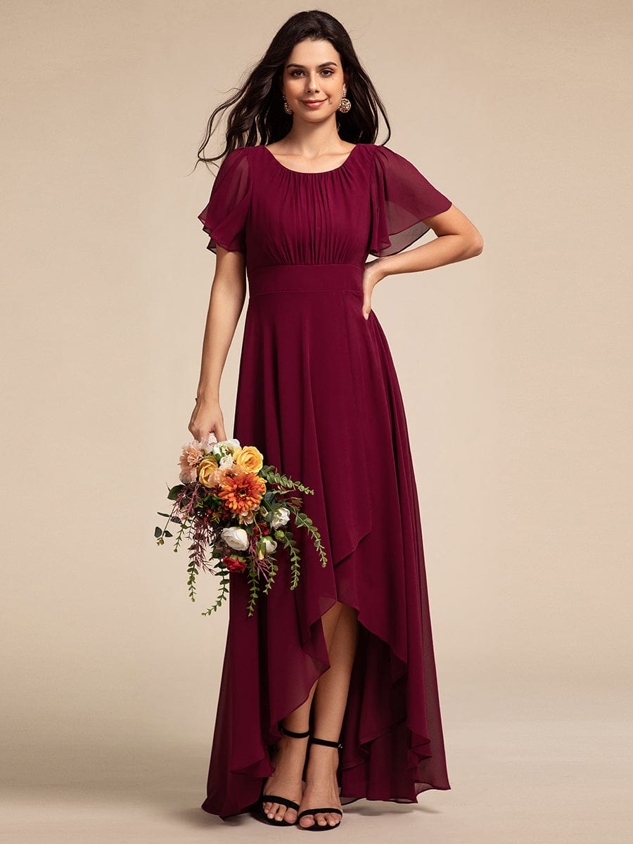 Elegant Round Neckline Short Sleeve A-Line Chiffon Bridesmaid Dress #color_Burgundy