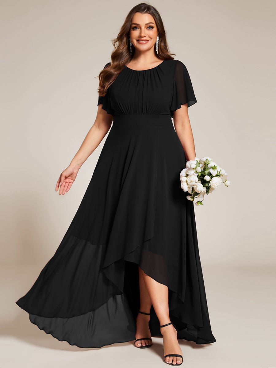 Plus Size Asymmetric Hem Short Sleeve Round Neckline Chiffon Bridesmaid Dress #color_Black