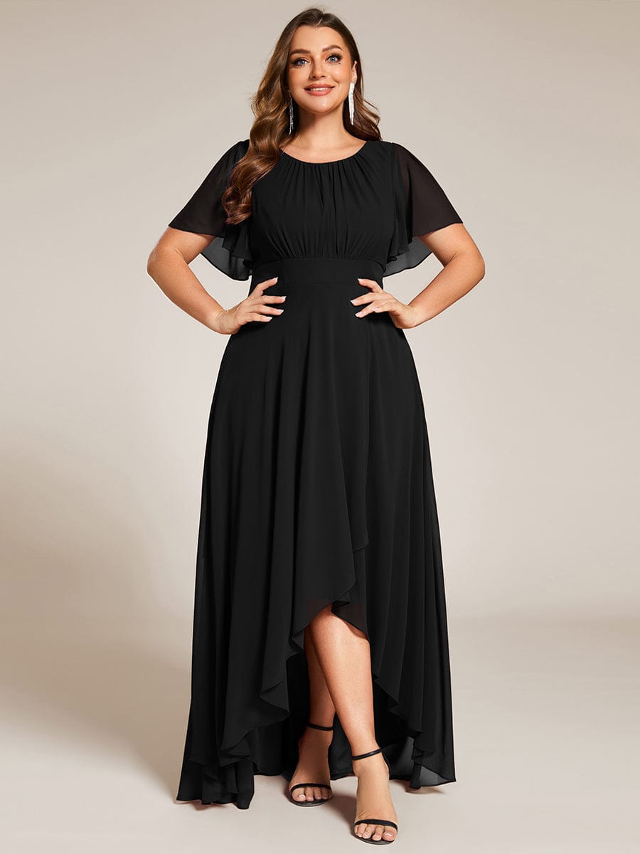 Plus Size Asymmetric Hem Short Sleeve Round Neckline Chiffon Bridesmaid Dress #color_Black