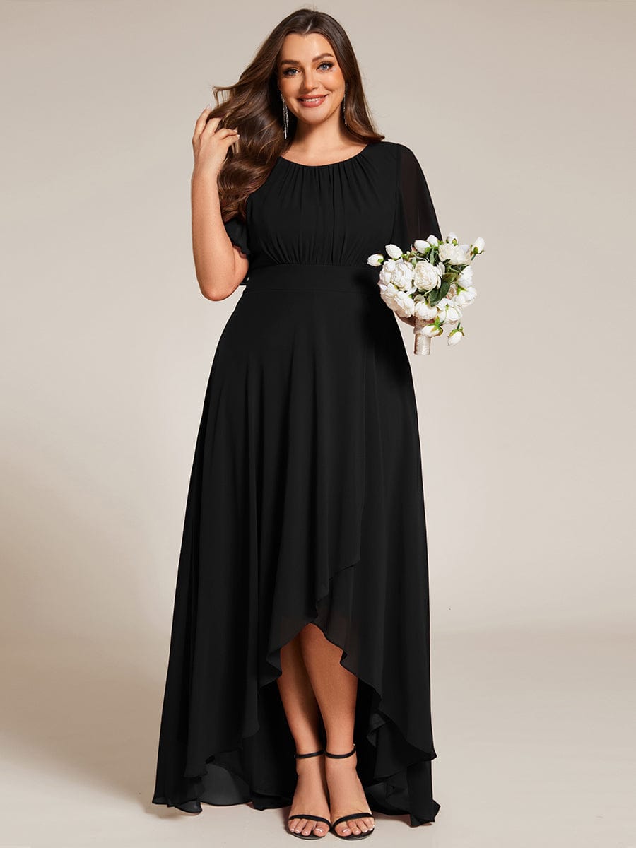 Elegant Round Neckline Short Sleeve A-Line Chiffon Bridesmaid Dress #color_Black