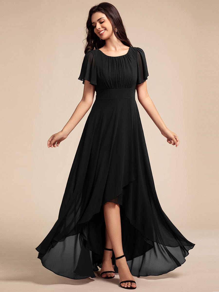 Elegant Round Neckline Short Sleeve A-Line Chiffon Bridesmaid Dress #color_Black