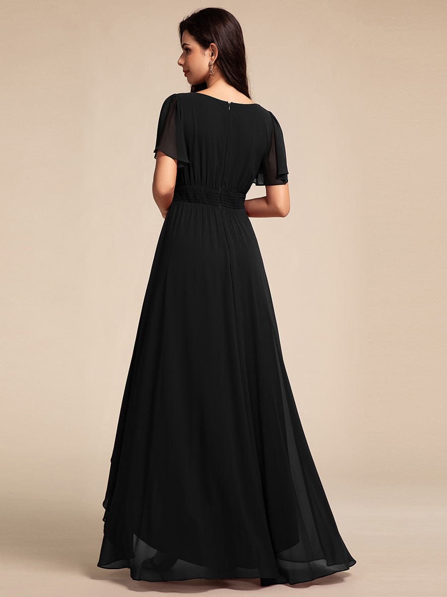 Elegant Round Neckline Short Sleeve A-Line Chiffon Bridesmaid Dress #color_Black