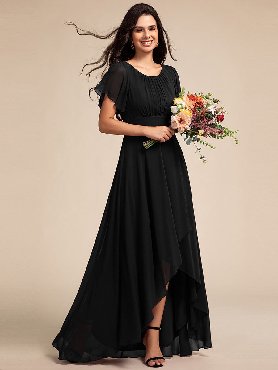 Elegant Round Neckline Short Sleeve A-Line Chiffon Bridesmaid Dress #color_Black