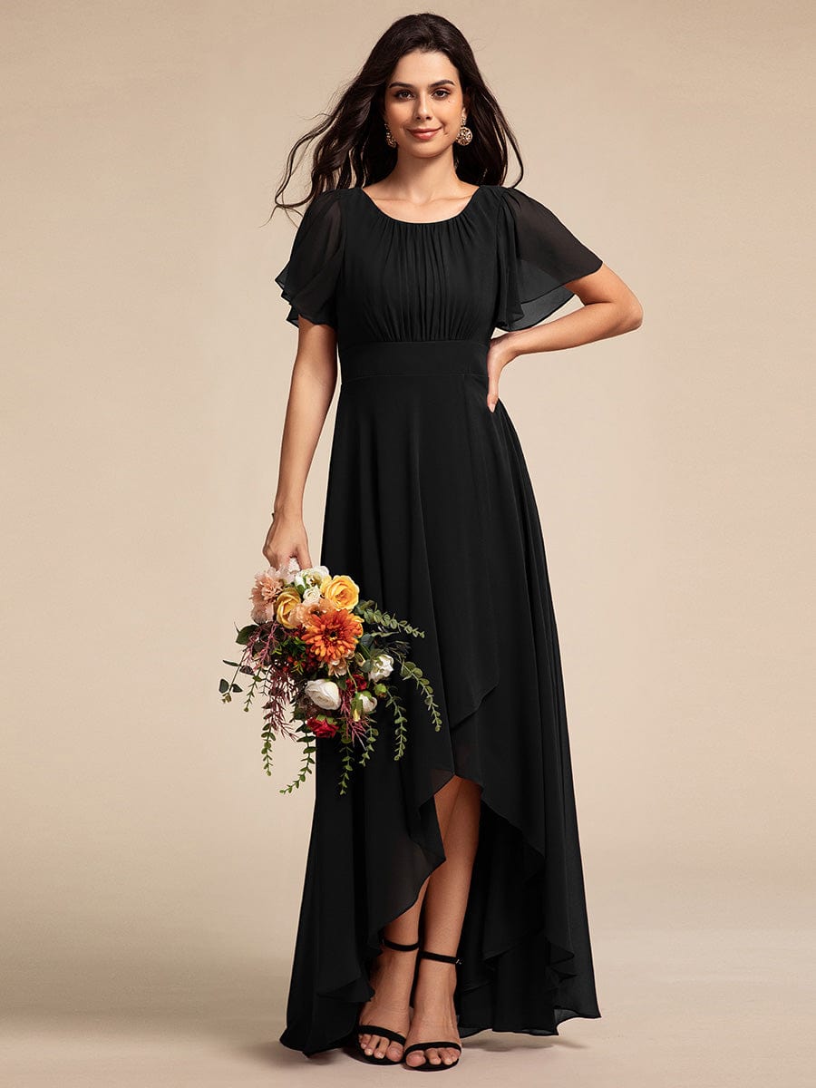 Elegant Round Neckline Short Sleeve A-Line Chiffon Bridesmaid Dress #color_Black