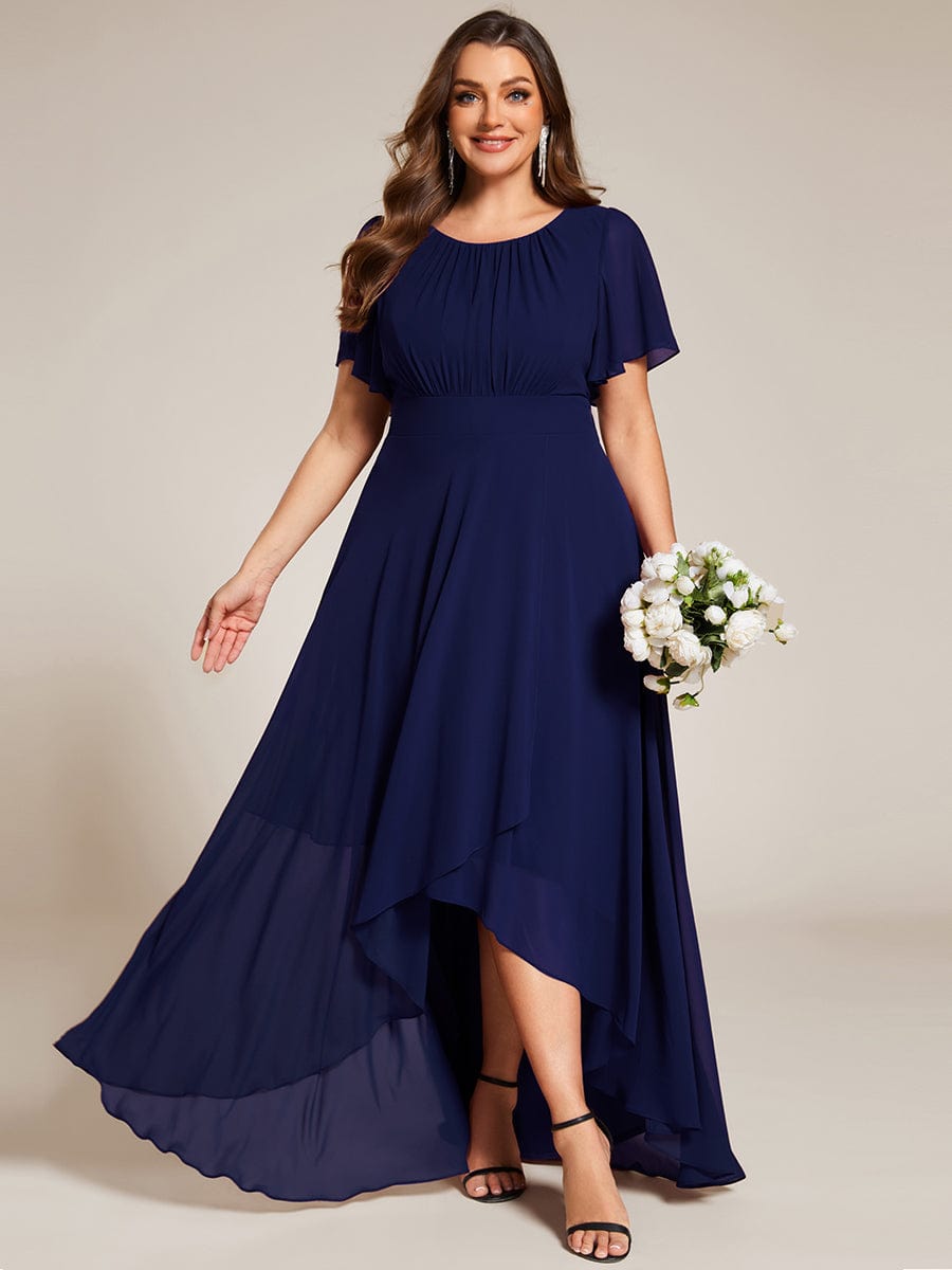 Elegant Round Neckline Short Sleeve A-Line Chiffon Bridesmaid Dress #color_Navy Blue