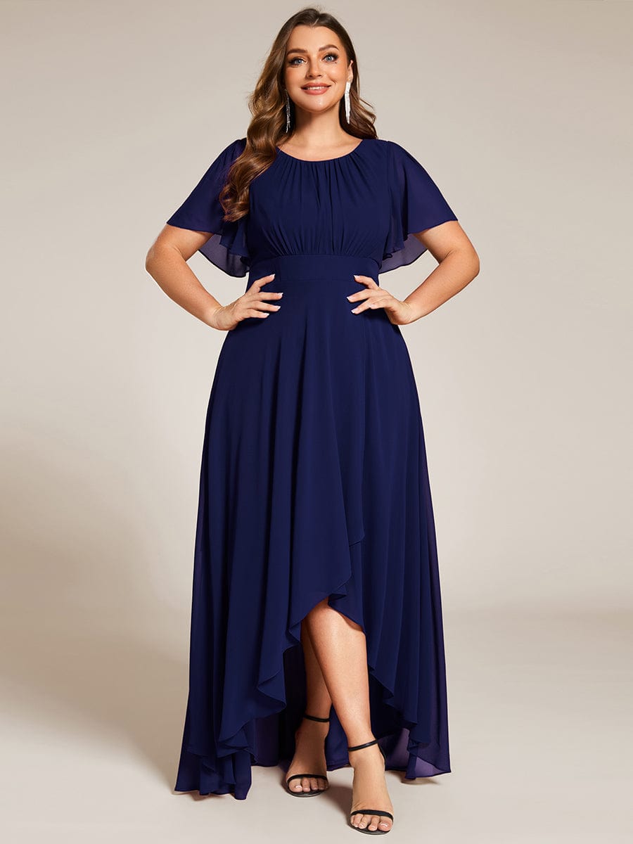 Plus Size Asymmetric Hem Short Sleeve Round Neckline Chiffon Bridesmaid Dress #color_Navy Blue