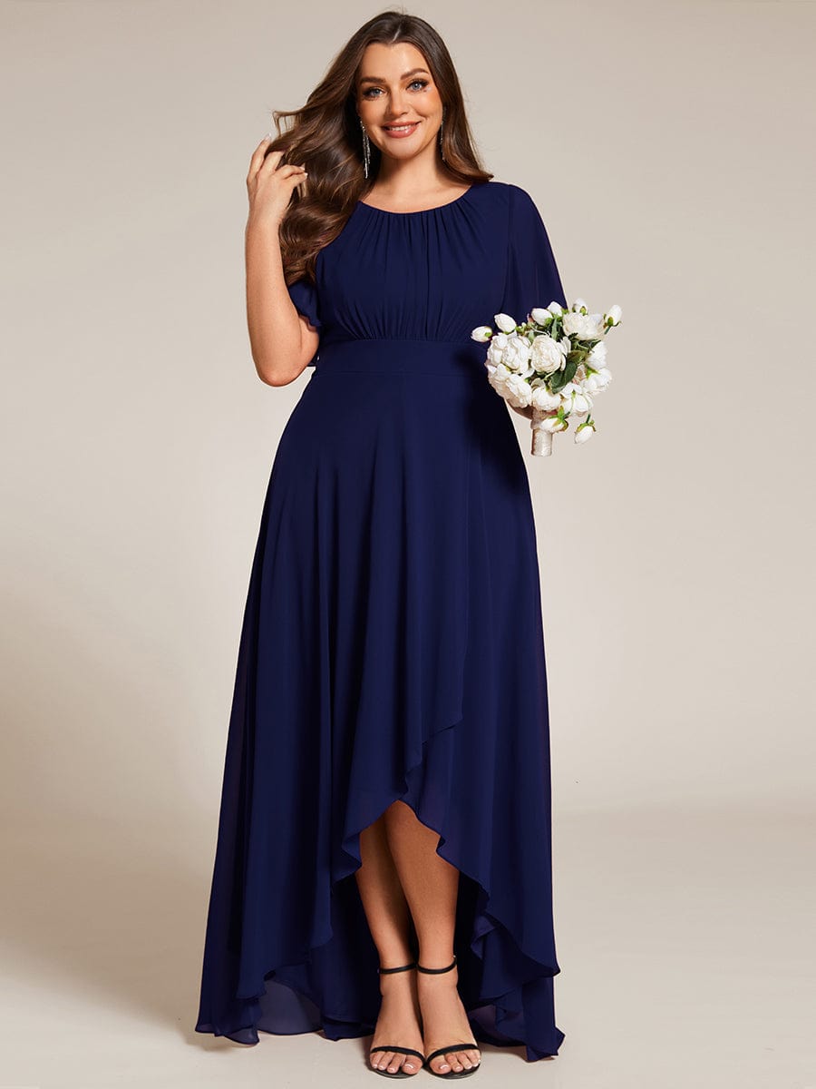 Plus Size Asymmetric Hem Short Sleeve Round Neckline Chiffon Bridesmaid Dress #color_Navy Blue