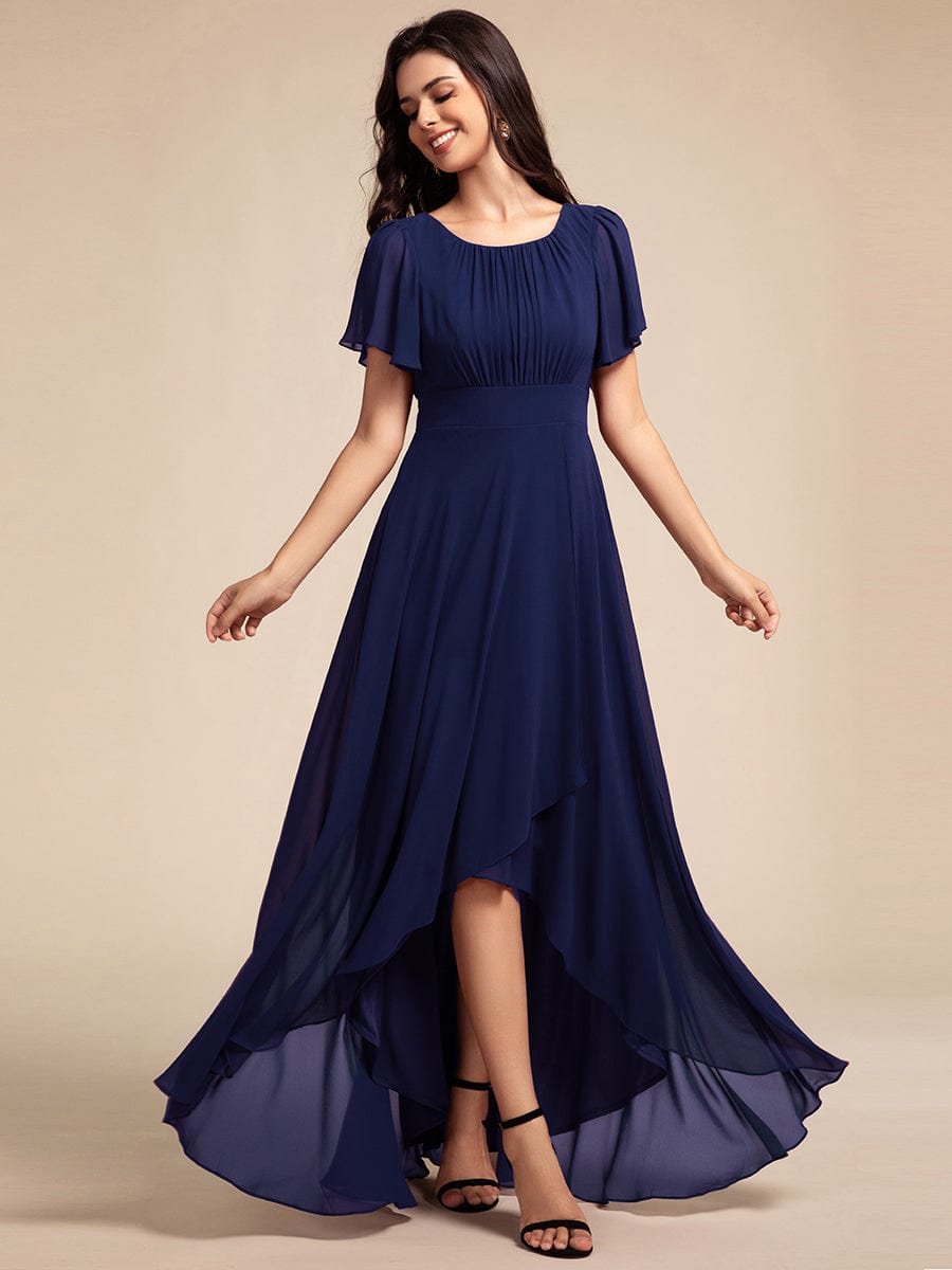 Elegant Round Neckline Short Sleeve A-Line Chiffon Bridesmaid Dress #color_Navy Blue