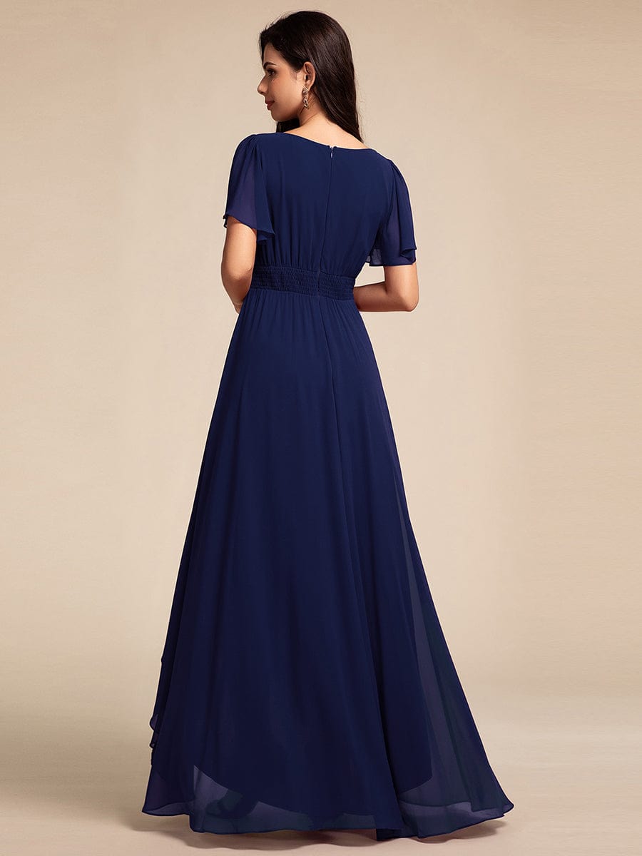 Elegant Round Neckline Short Sleeve A-Line Chiffon Bridesmaid Dress #color_Navy Blue