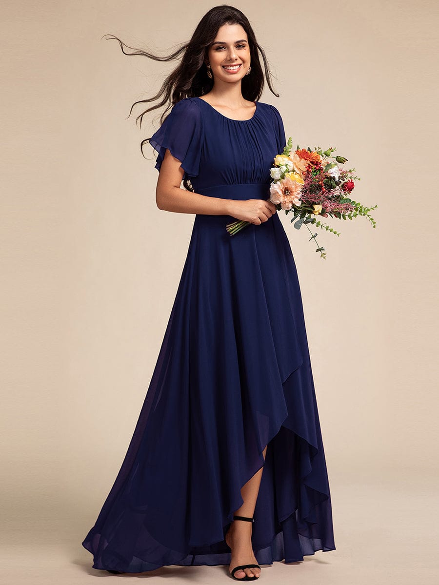 Elegant Round Neckline Short Sleeve A-Line Chiffon Bridesmaid Dress #color_Navy Blue