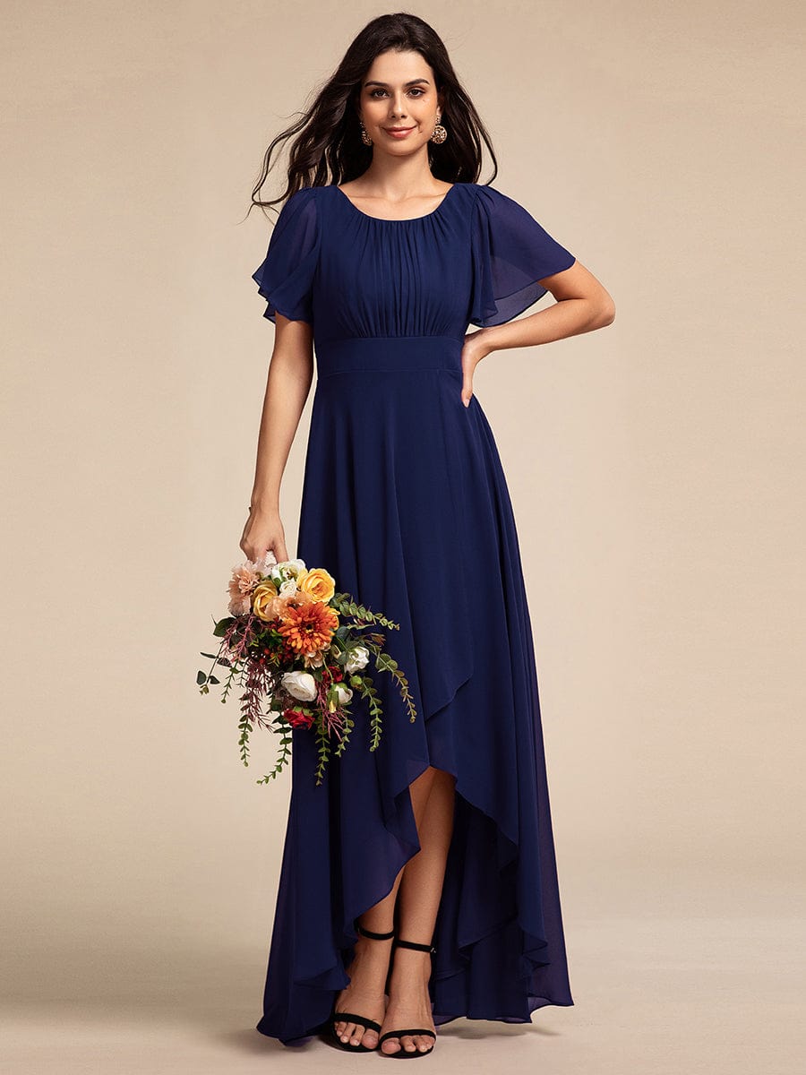 Elegant Round Neckline Short Sleeve A-Line Chiffon Bridesmaid Dress #color_Navy Blue